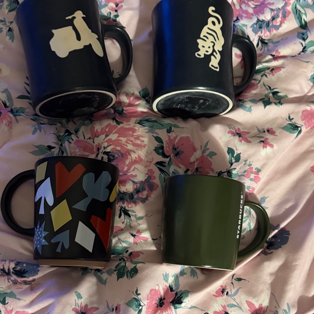 Starbucks Olive Green Ceramic Mug with Graphic and Black Patterned Cups